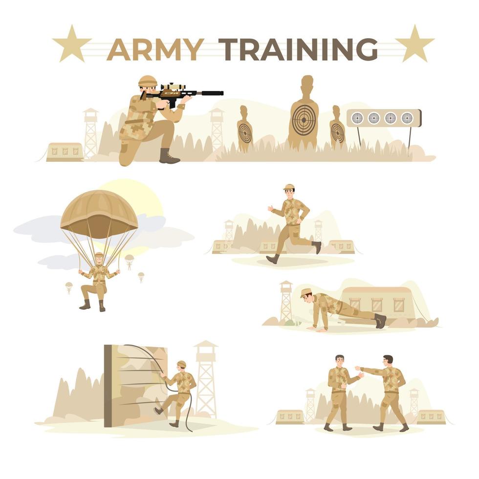 Set of army training illustrations. Soldiers running, jumping, making press-ups, climbing over an obstacle, jumping with a parachute, combating, shooting from the rifle. War practice, exercise. vector