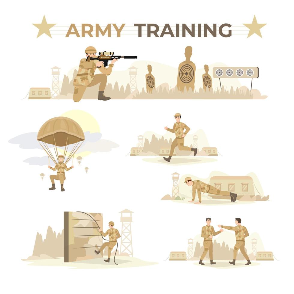 conjunto de ilustraciones de entrenamiento del ejército. soldados corriendo, saltando, haciendo flexiones, trepando un obstáculo, saltando en paracaídas, combatiendo, disparando con el rifle. práctica de guerra, ejercicio. vector