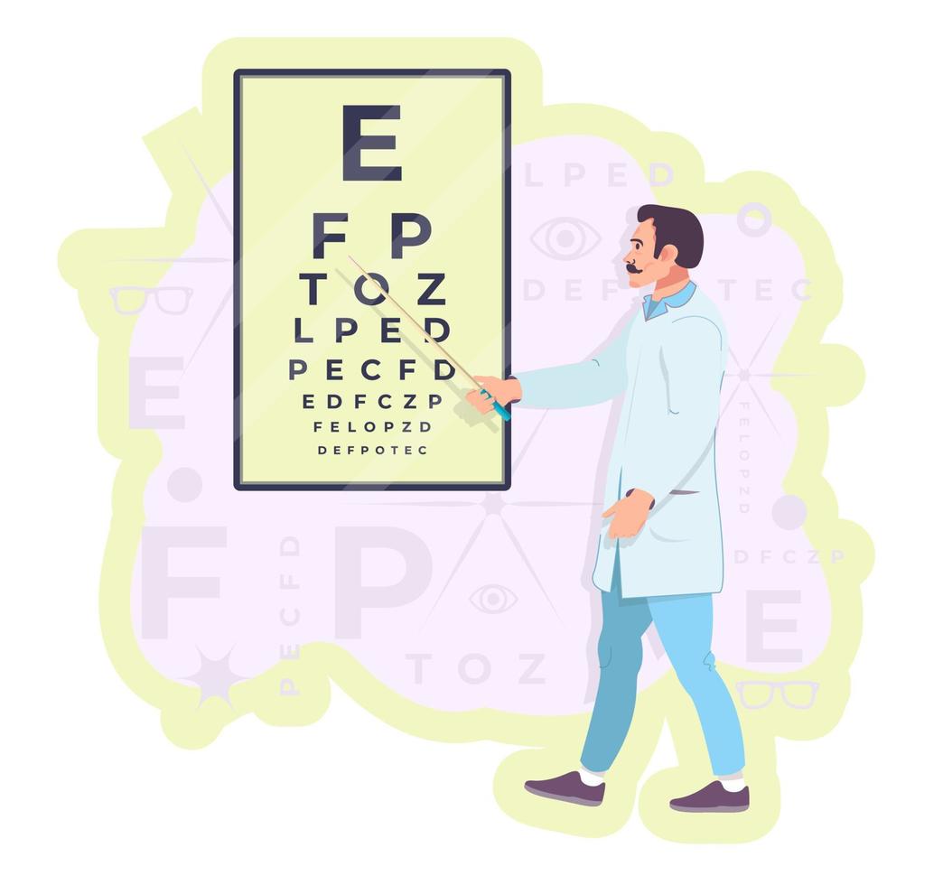 Oculist with a pointer near a vision chart. Eyesight examination, vision checkup. Optician, ophthalmologist in the clinic. Eye doctor flat vector illustration.