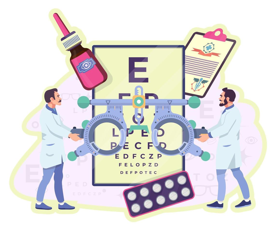 concepto de oftalmología. oftalmólogos, oculista. ópticos, oftalmólogos con dioptrías de anteojos. examen de la vista, chequeo. carta de visión. gotas, medicamentos para el tratamiento. vector plano.