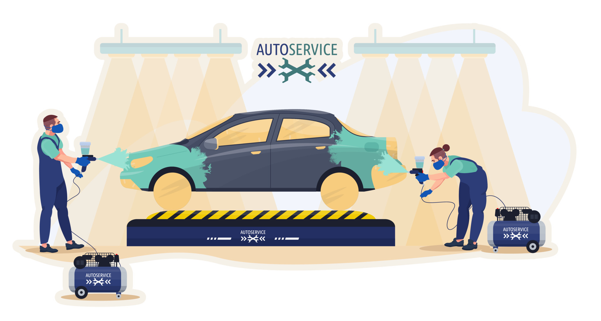 Mechanics painting a car of the client in the Change color of