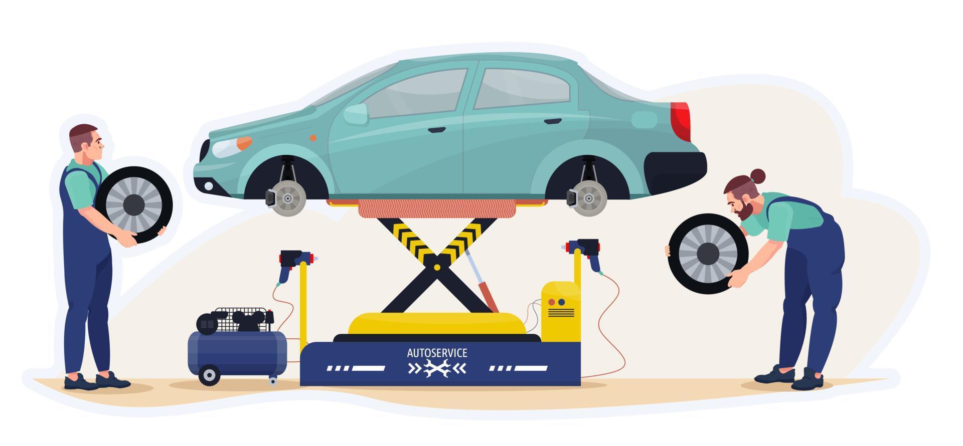 Mechanics changing wheels of the car in the workshop.  Tire change.  Car repair service. Flat vector illustration.