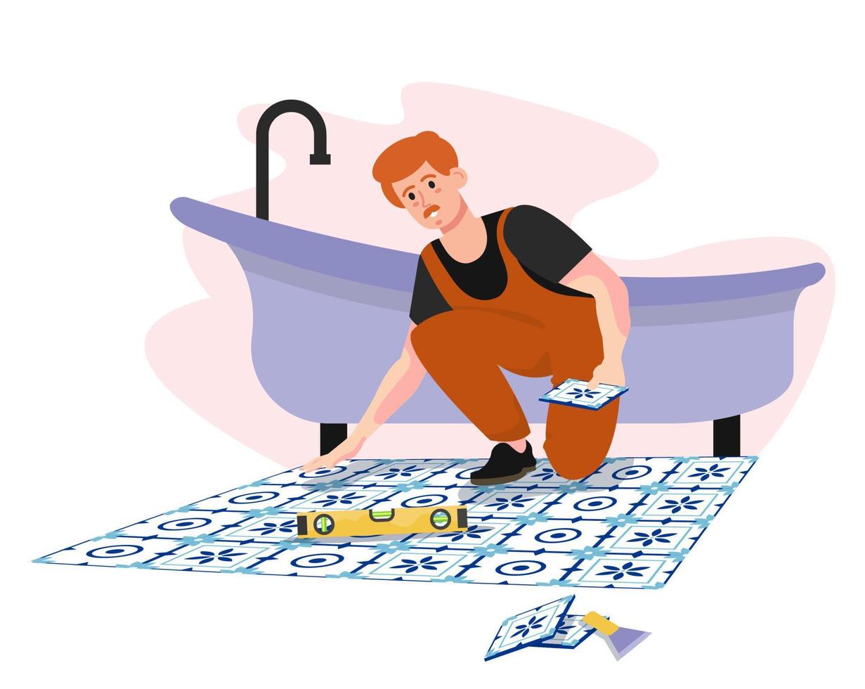 Worker putting the tile on the floor of the bathroom. Man repairing floor. Flooring, design. Plumbing services. Renovation, repair works. Master professional. Advertisement, banner. vector