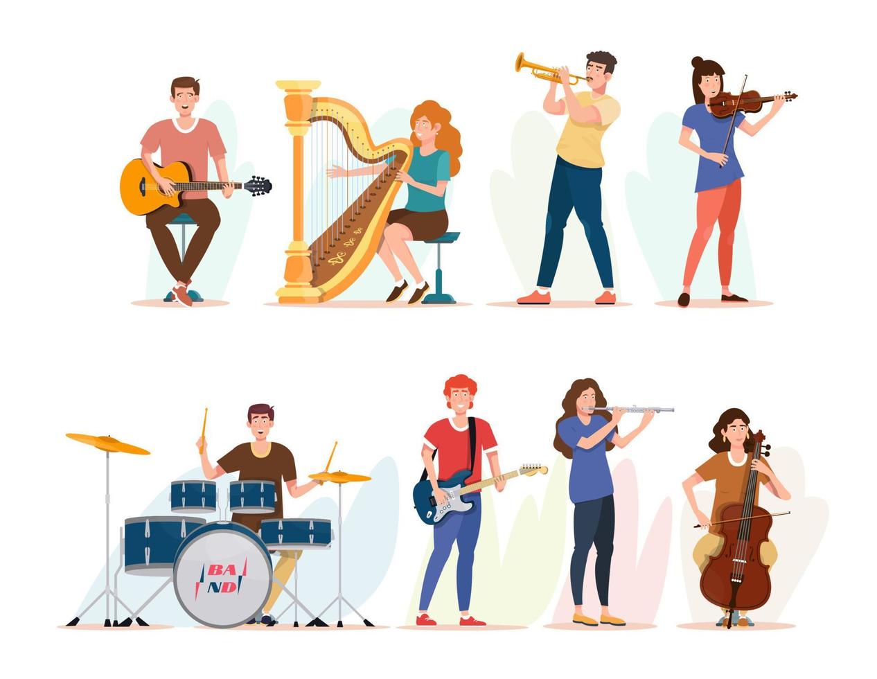 conjunto de músicos tocando instrumentos musicales. colección de instrumentos musicales. guitarrista. gente de la orquesta. baterista, arpista. ilustración vectorial plana. vector