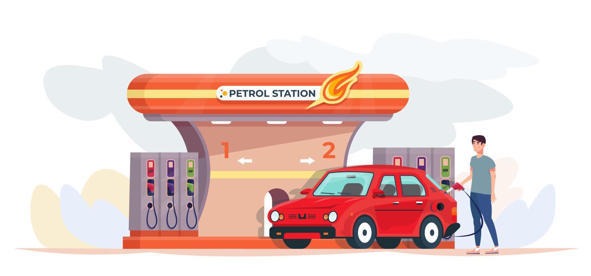 cliente llenando el auto con combustible sosteniendo una bomba en la gasolinera. ilustración vectorial plana. vector