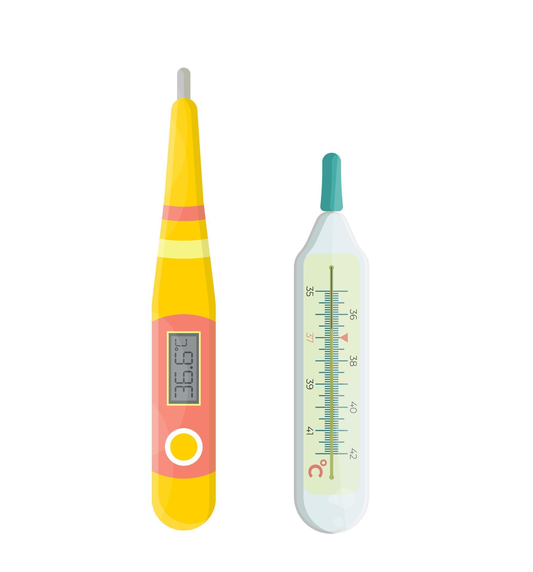 Mercury and electronic thermometers isolated. Set, collection of thermometers. Flat vector