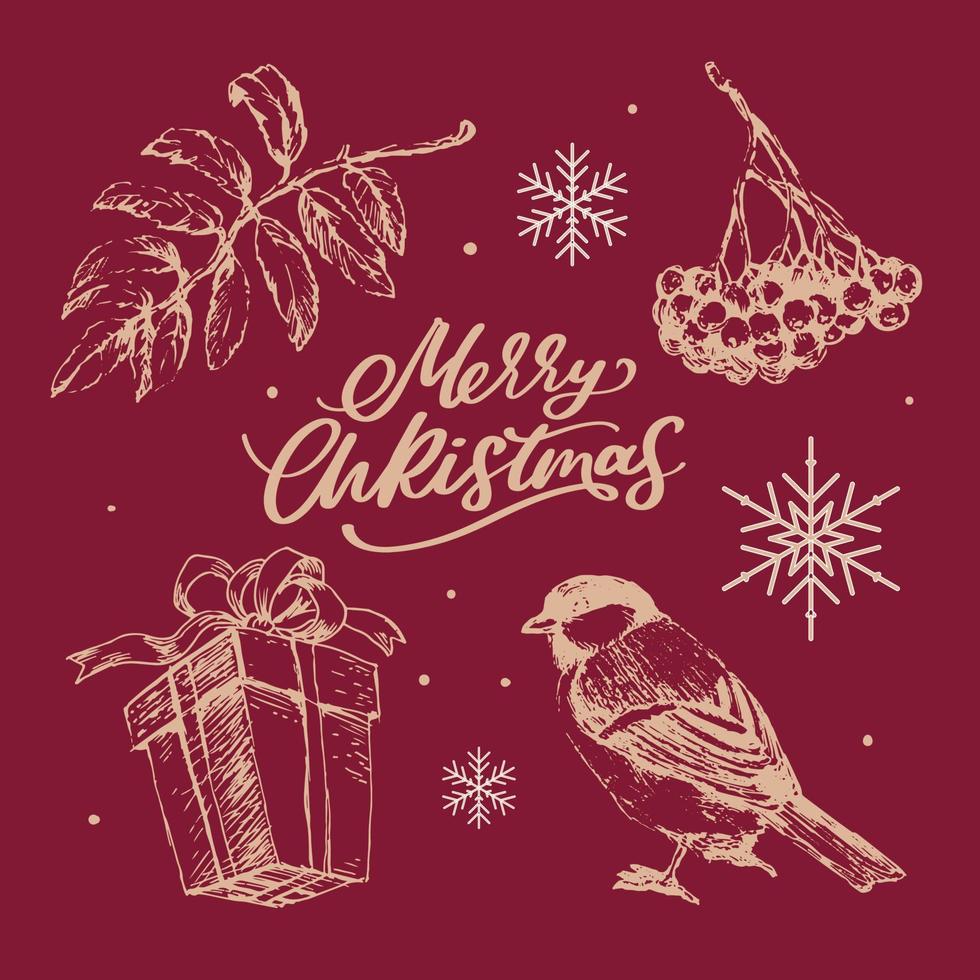 Merry Christmas. Happy New Year, 2023. Typography set. Vector logo, emblems, text design. Usable for banners, greeting cards, gifts etc.