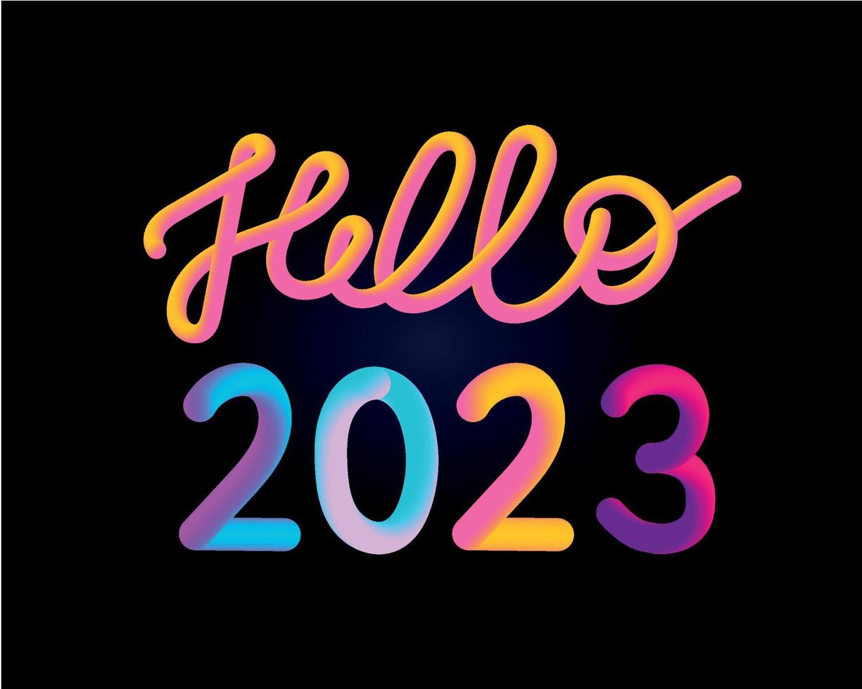 Happy new year 2023 future metaverse neon text neon with metal effect, numbers and futurism lines. Vector greeting card, banner, congratulation poster 3d illustration. Modern trendy electronic light