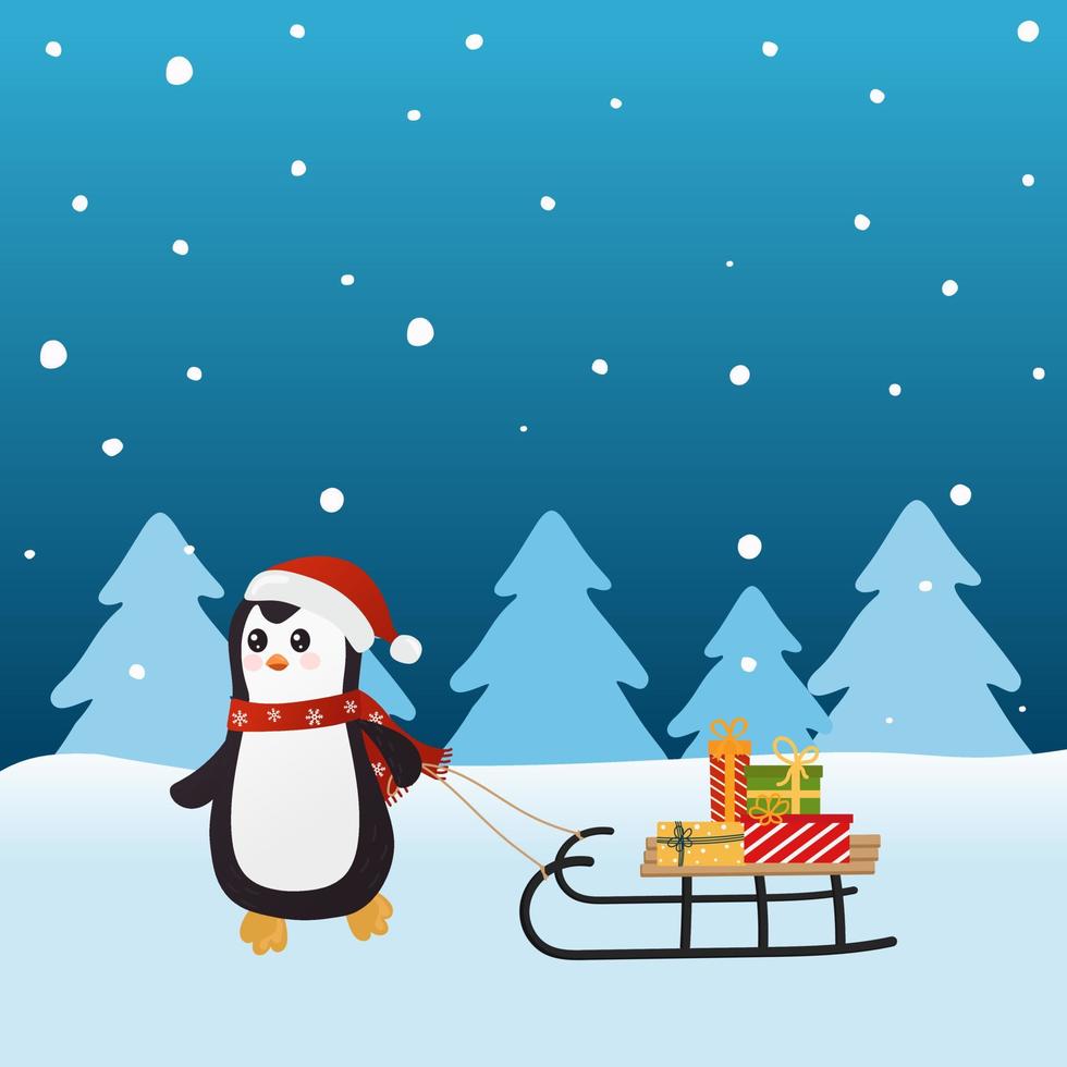 Merry Christmas and happy New Year card with cute penguin pulling sleigh with gift boxes. Winter background.  Vector illustration.