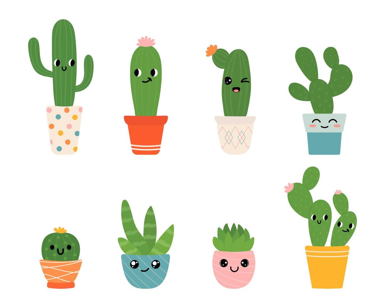 Cute kawaii cactus in pots. Cartoon style. Vector images on a