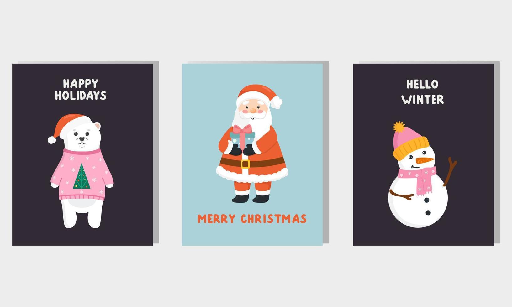 Vector Christmas greeting card, flyer, banner, poster templates with cute characters. Printable greeting cards illustration. Design for Christmas and New Year.