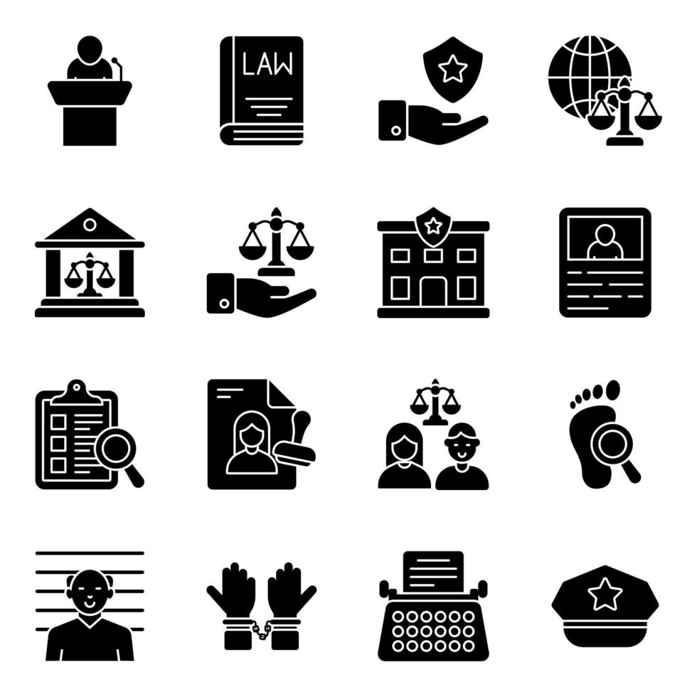 Pack of Justice and Law Solid Icons vector