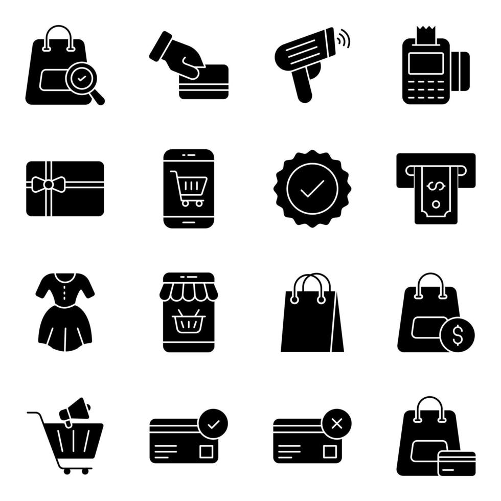 paquete de compras y compras de iconos sólidos vector