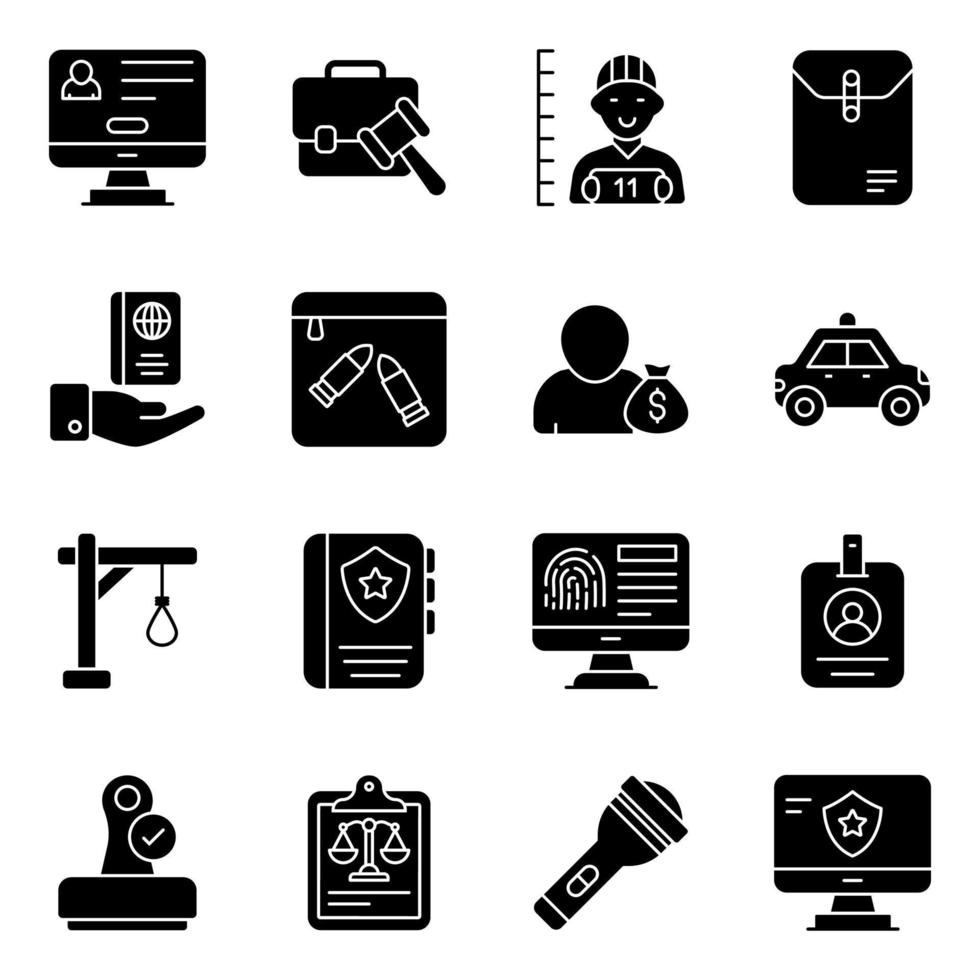 Pack of Crime and Law Solid Icons vector