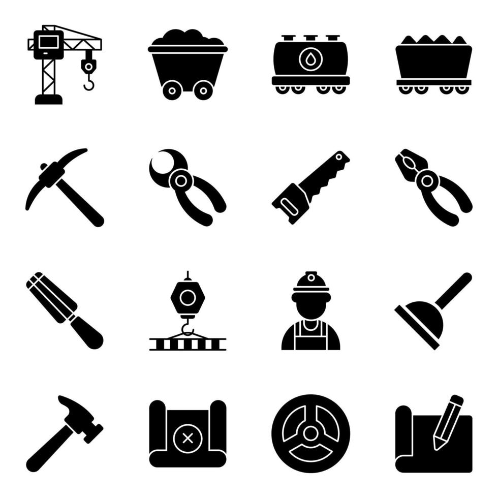 paquete de iconos sólidos de equipos de construcción vector