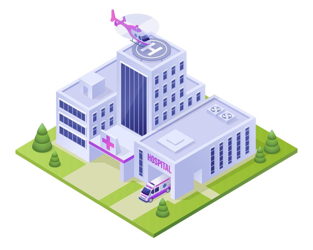 Isometric hospital clinic building, ambulance car vector