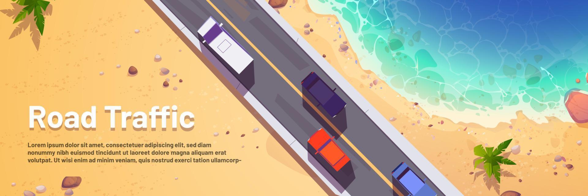 Road traffic cartoon banner with cars top view vector