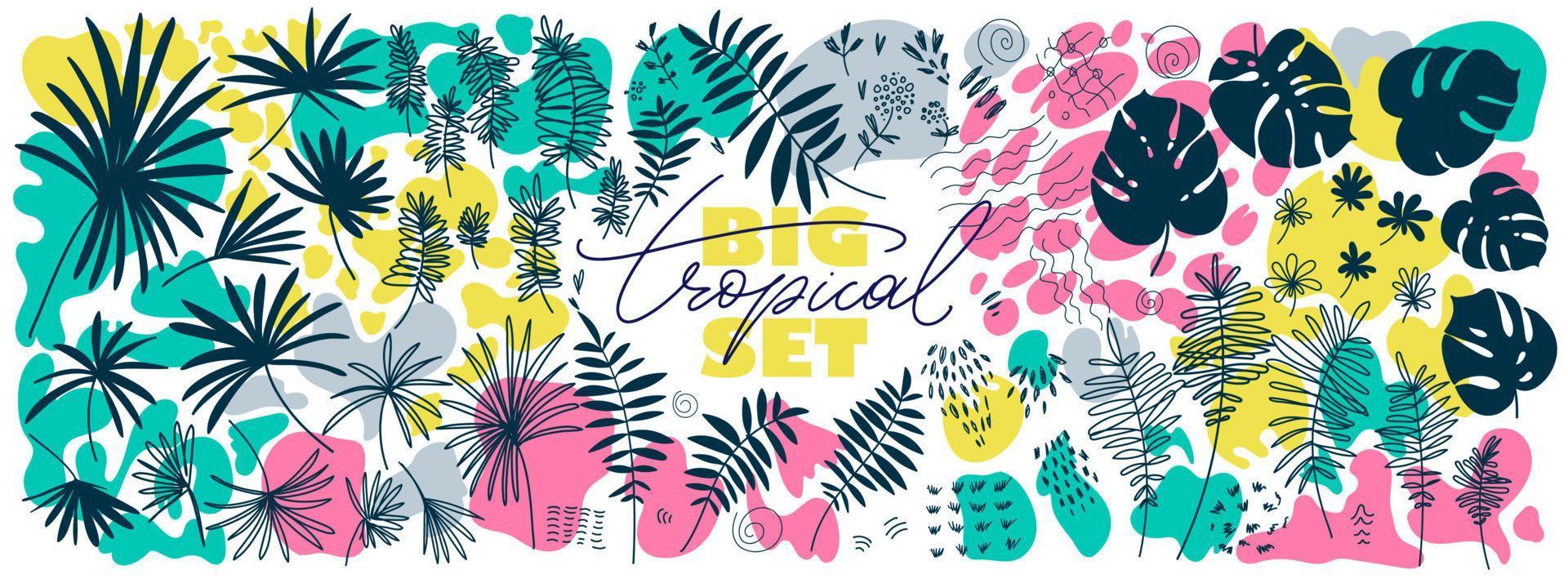 Tropical floral flat hand drawn elements. Set of modern organic shapes, strokes and palm leaves bright color. vector