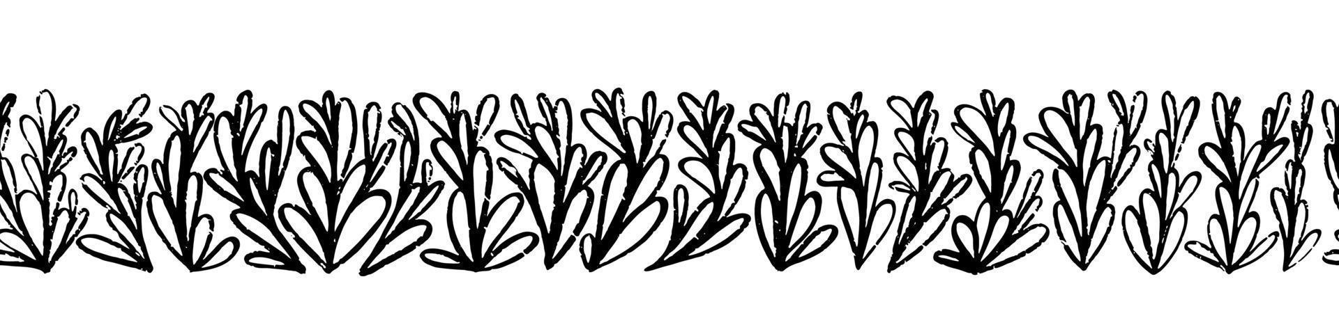 borde vectorial sin costuras con dibujo de tinta colgando liana mira elementos florales. fondo monocromático dibujado a mano. vector