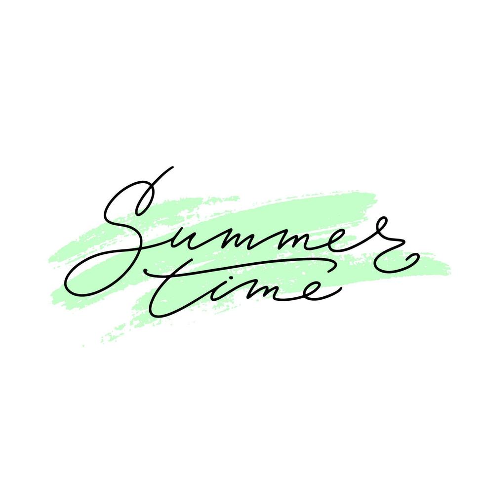 Lettering with phrase summer time. Thin hand written script on green brush stroke. vector