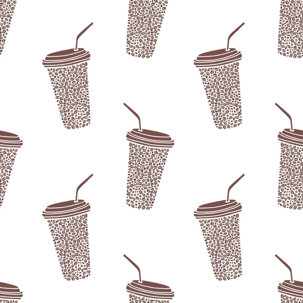 Vector seamless pattern with coffee to go cups with drinking straws and coffee beans inside. Beige and white repeatable background.