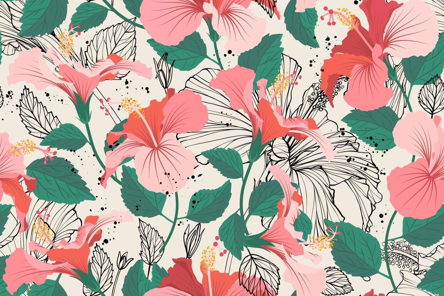 Summer flower seamless pattern. Tropical flowers bright color background. Hibiscus flower with leaves realistic repeatable backdrop. vector