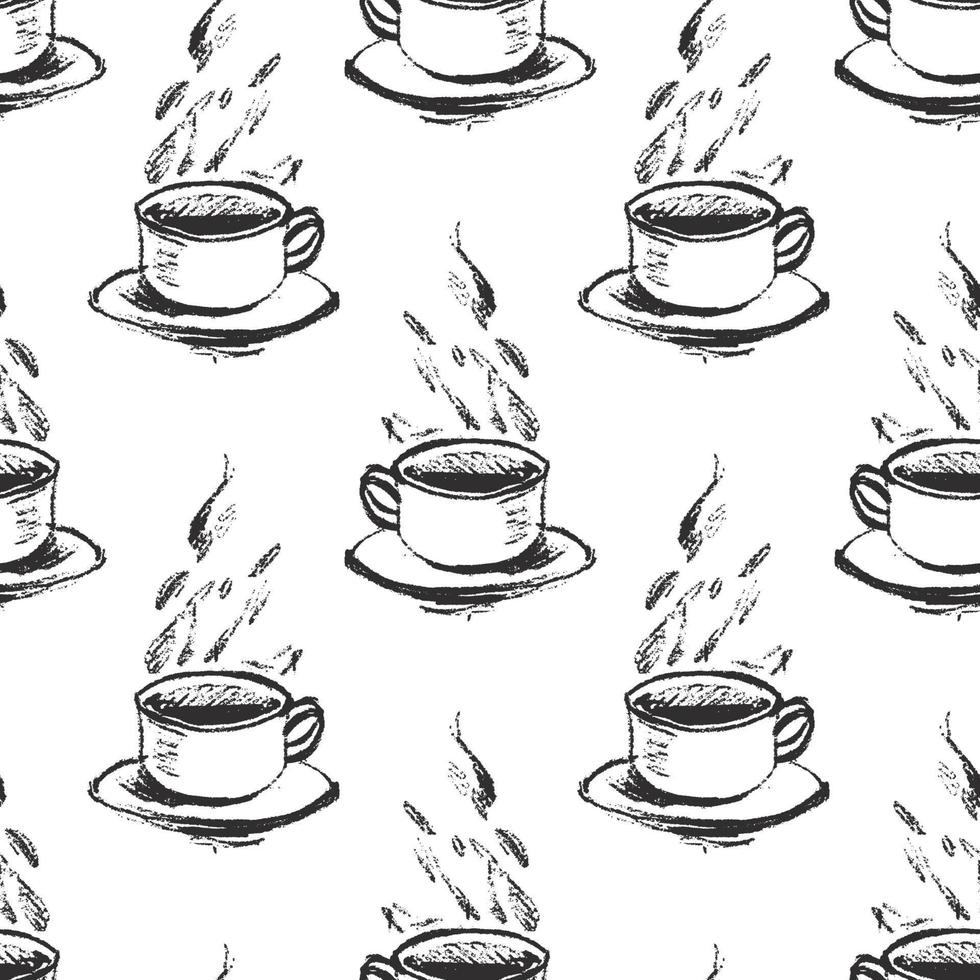 Vector seamless pattern with sketch style hand drawn cups of coffee or tea with steam. Simple monochrome background.