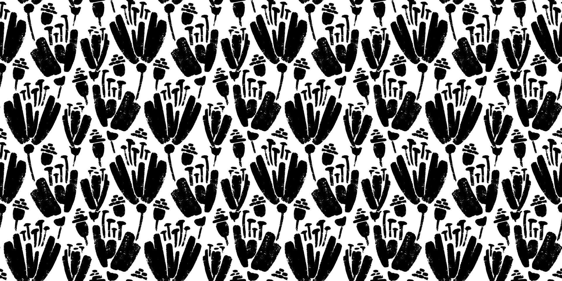 Vector seamless pattern of ink drawing wild plants, herbs and flowers, monochrome botanical illustration, floral elements, hand drawn repeatable background. Artistic backdrop.