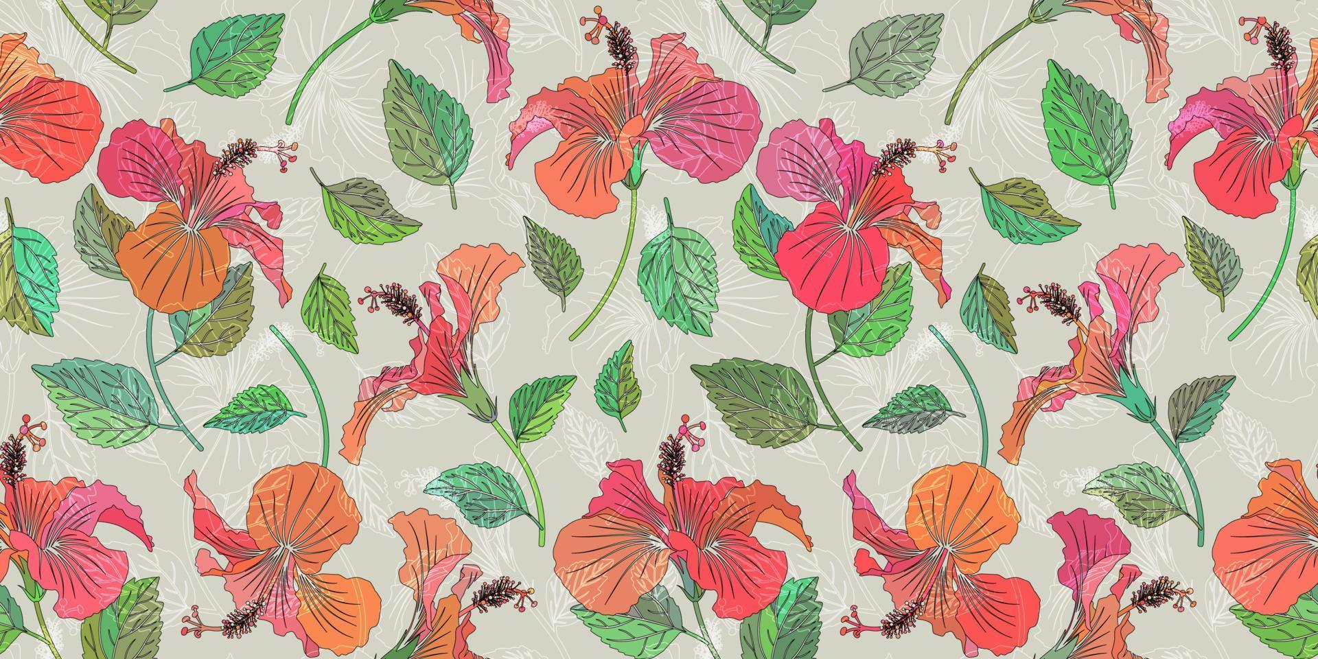 patrón sin costuras de flores de verano. fondo de color brillante de flores tropicales. flor de hibisco con hojas de fondo repetible realista. vector
