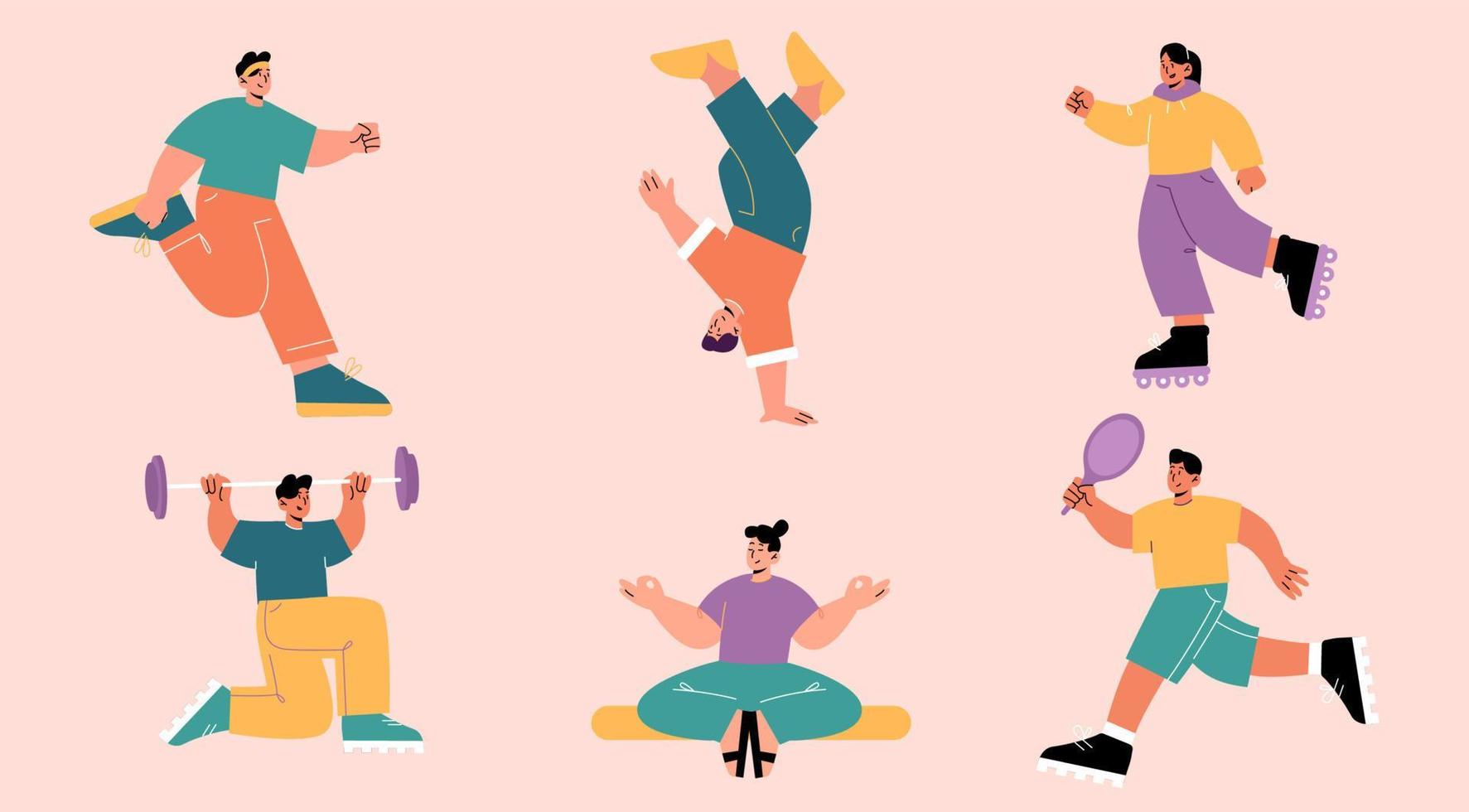 People doing sport exercises, jogging and tennis vector