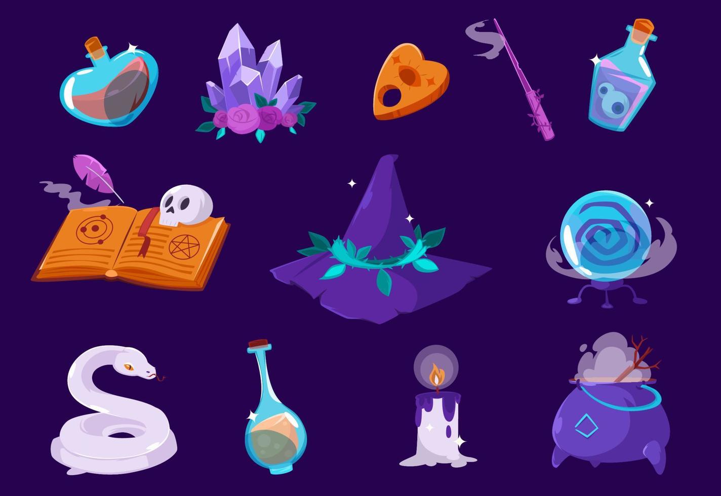 Cartoon magic items, elements, isolated icons set vector