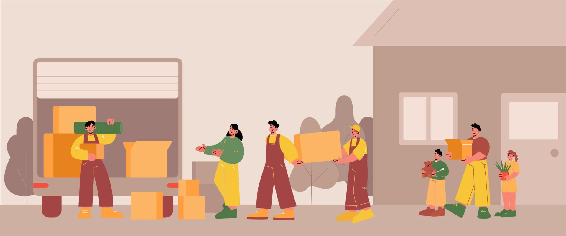 Family move to new house with cardboard boxes vector