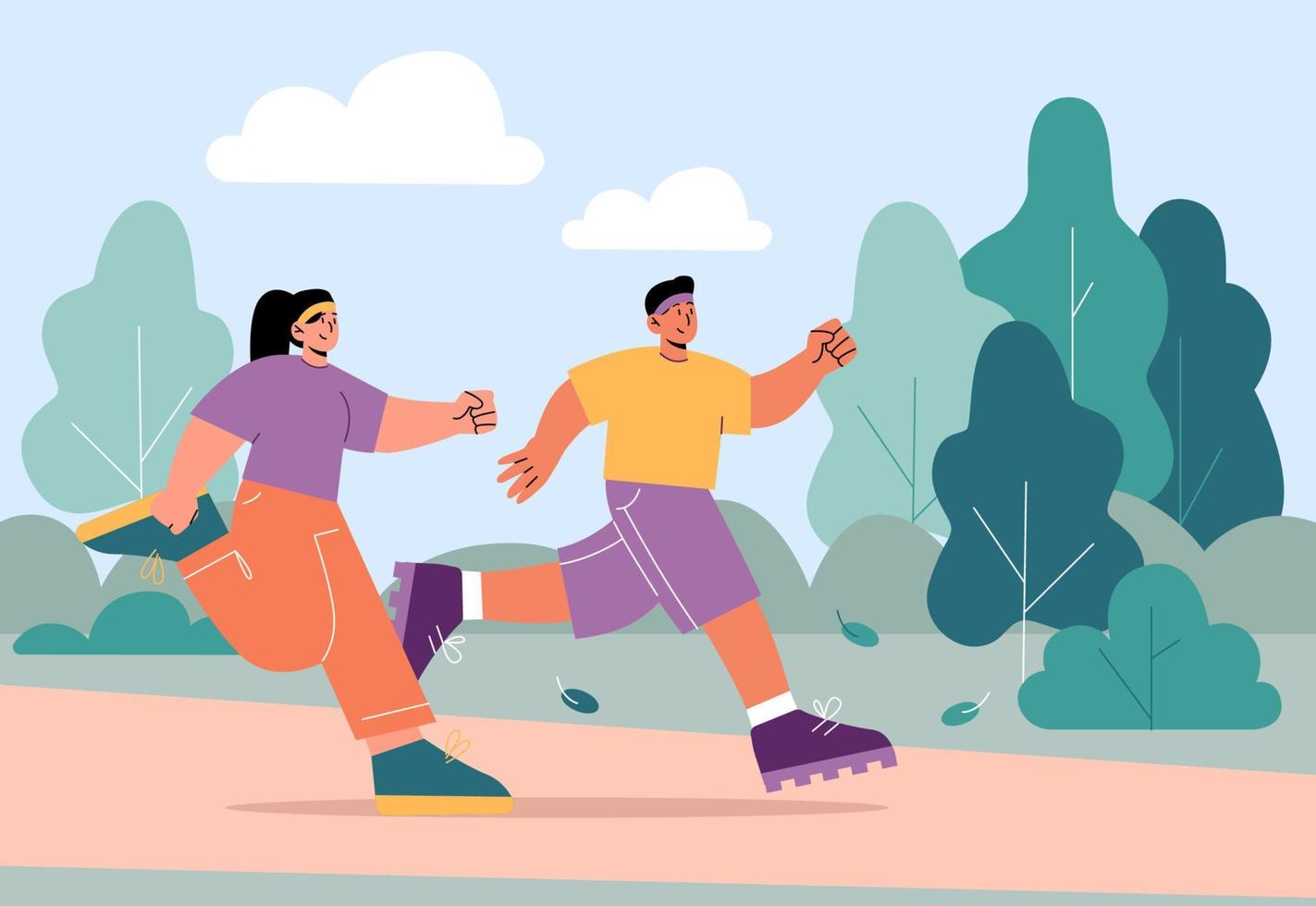 Couple runners jogging together in park vector
