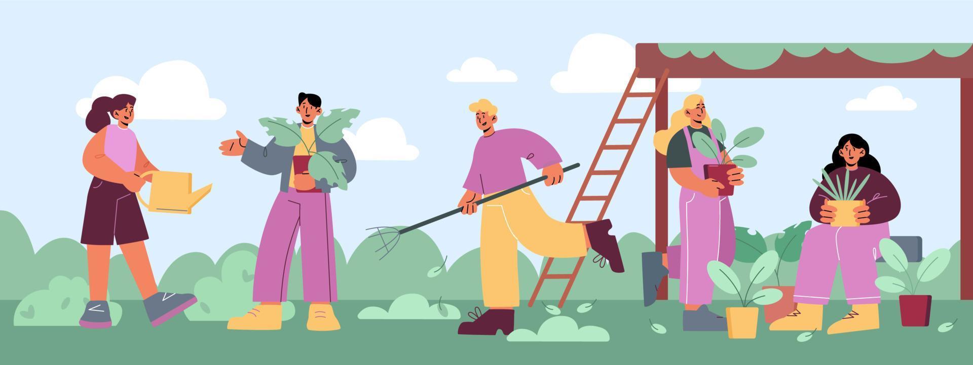 People gardening works on farm or garden field vector