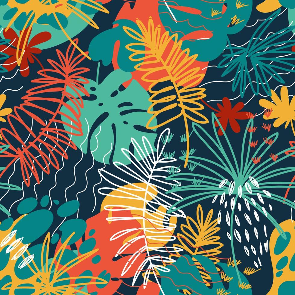 Vector semaless pattern with floral hand drawn elements. Bright color tropical background. Jungle repeatable backdrop.