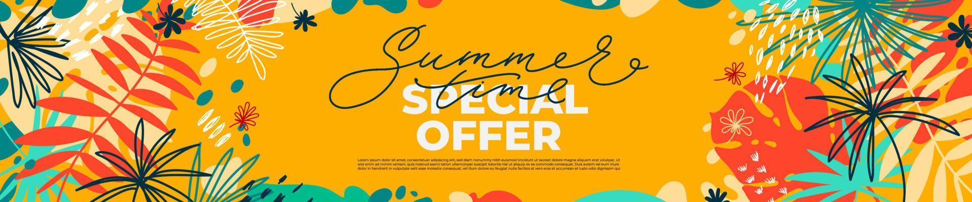 Summer time special offer horizontal banner with tropical leaves and flat elements. Vector template for sales, promo, ads. Bright floral vector illustration with text blocks.