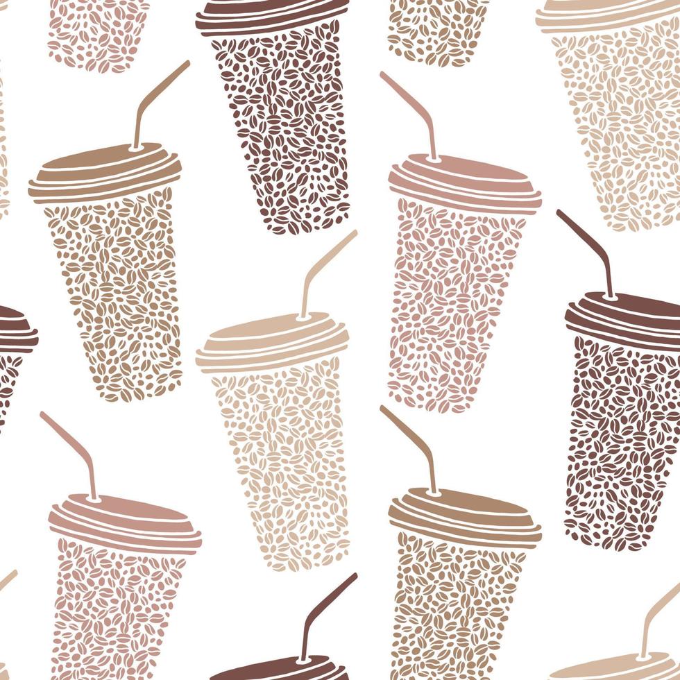 Vector seamless pattern with coffee to go cups with drinking straws and coffee beans inside. Beige and white repeatable background.