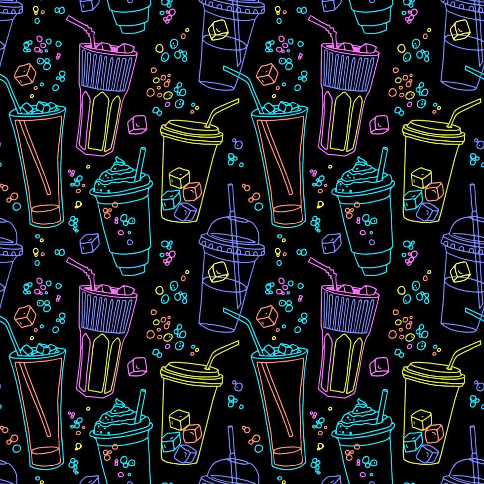 Vector seamless pattern with neon like various linears cocktail glasses with straws, bubbles and ice cubes. Colorful party time repeatable background.