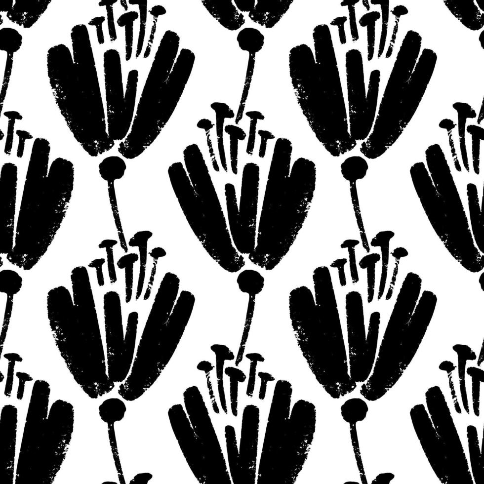 Vector seamless pattern of ink drawing wild plants, herbs and flowers, monochrome botanical illustration, floral elements, hand drawn repeatable background. Artistic backdrop.