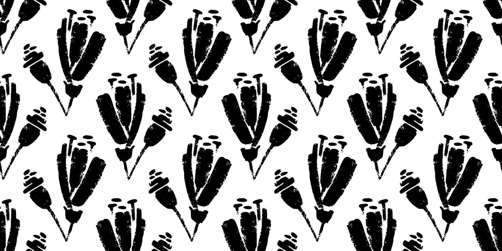 Vector seamless pattern of ink drawing wild plants, herbs and flowers, monochrome botanical illustration, floral elements, hand drawn repeatable background. Artistic backdrop.