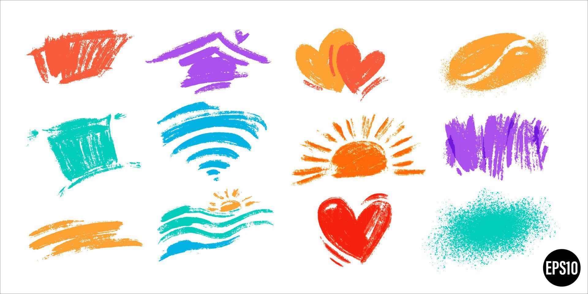 Vector set of hand drawn brush strokes and objects. Various color drawn house, hearts, coffee bean, wi fi symbol, pillow, sun, sea and rectangular strokes. Hand drawn small backdrops.