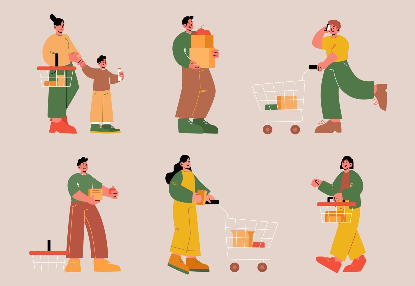 Supermarket or grocery visitors, people with carts vector