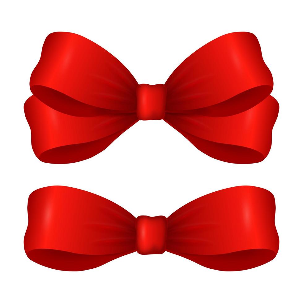 Set of red bows. Two red bows on a white background for festive decoration. Red silk ribbon tied into a beautiful bow. Vector illustration.