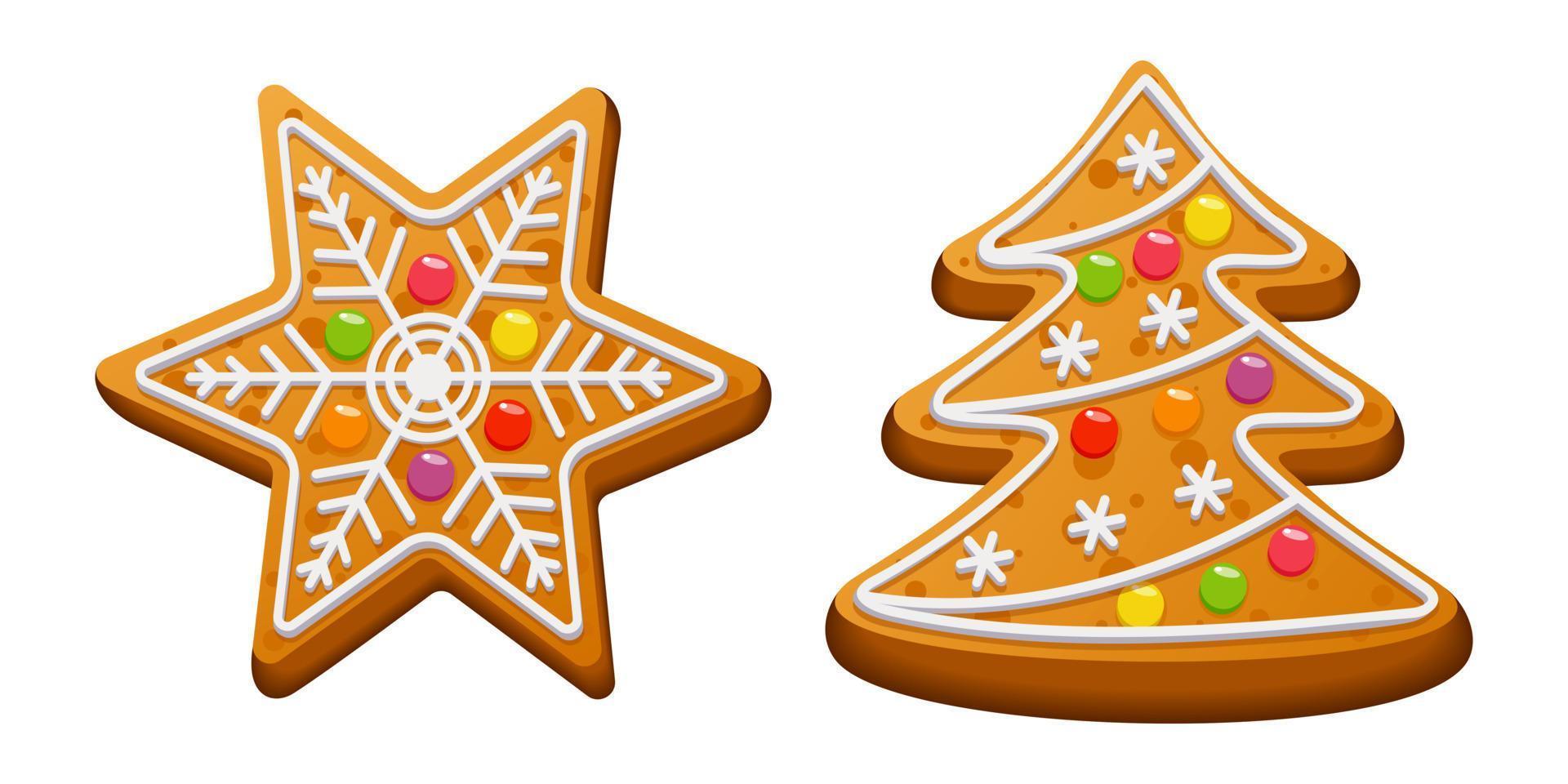 Gingerbread star and Christmas tree. Homemade holiday cookies for Christmas. Sweet food. Vector illustration.