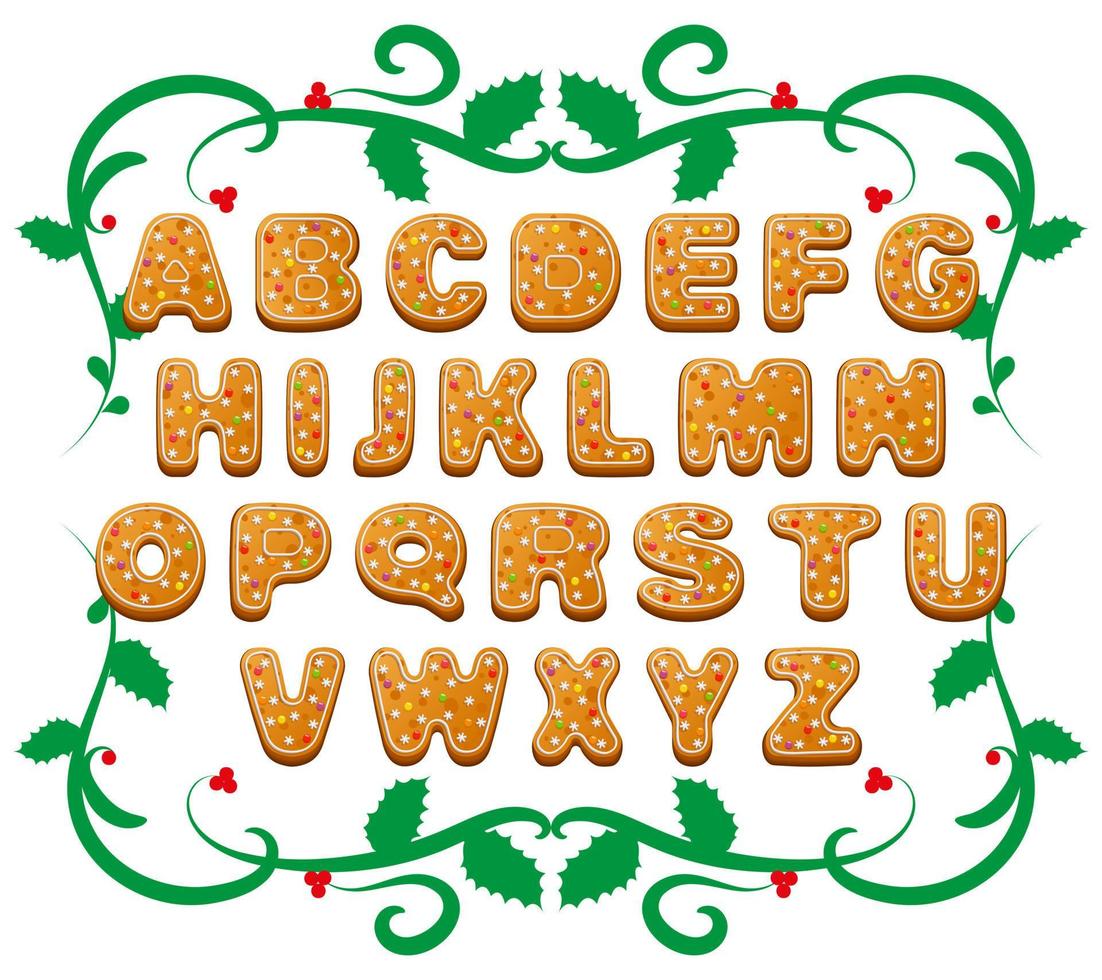 Decorative Christmas alphabet. Font of gingerbread with icing. Vector set of decorative letters for winter holidays design.