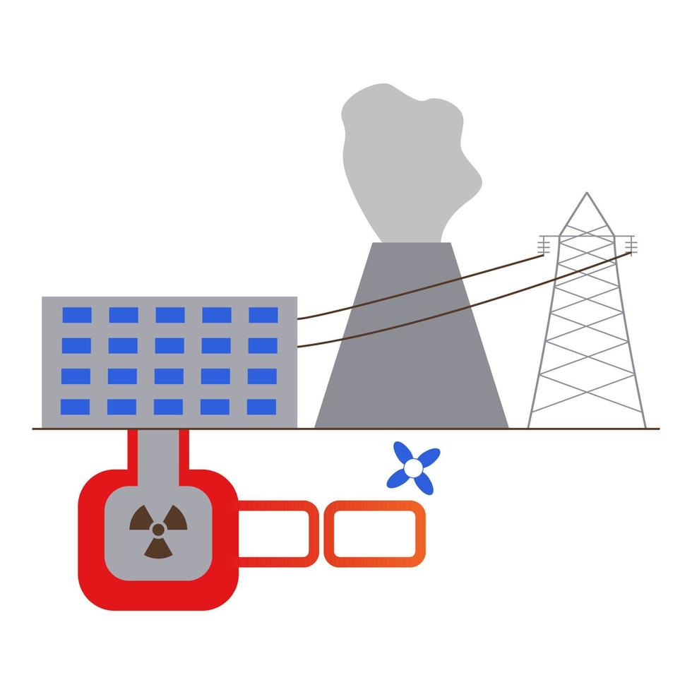 planta de energía nuclear producción de energía mediante un reactor nuclear. estilo plano ilustración vectorial vector