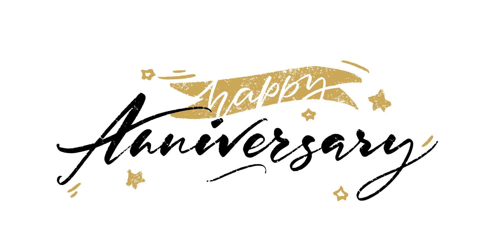 tarjeta de feliz aniversario. hermoso saludo banner cartel caligrafía inscripción texto negro palabra cinta dorada. diseño dibujado a mano. vector