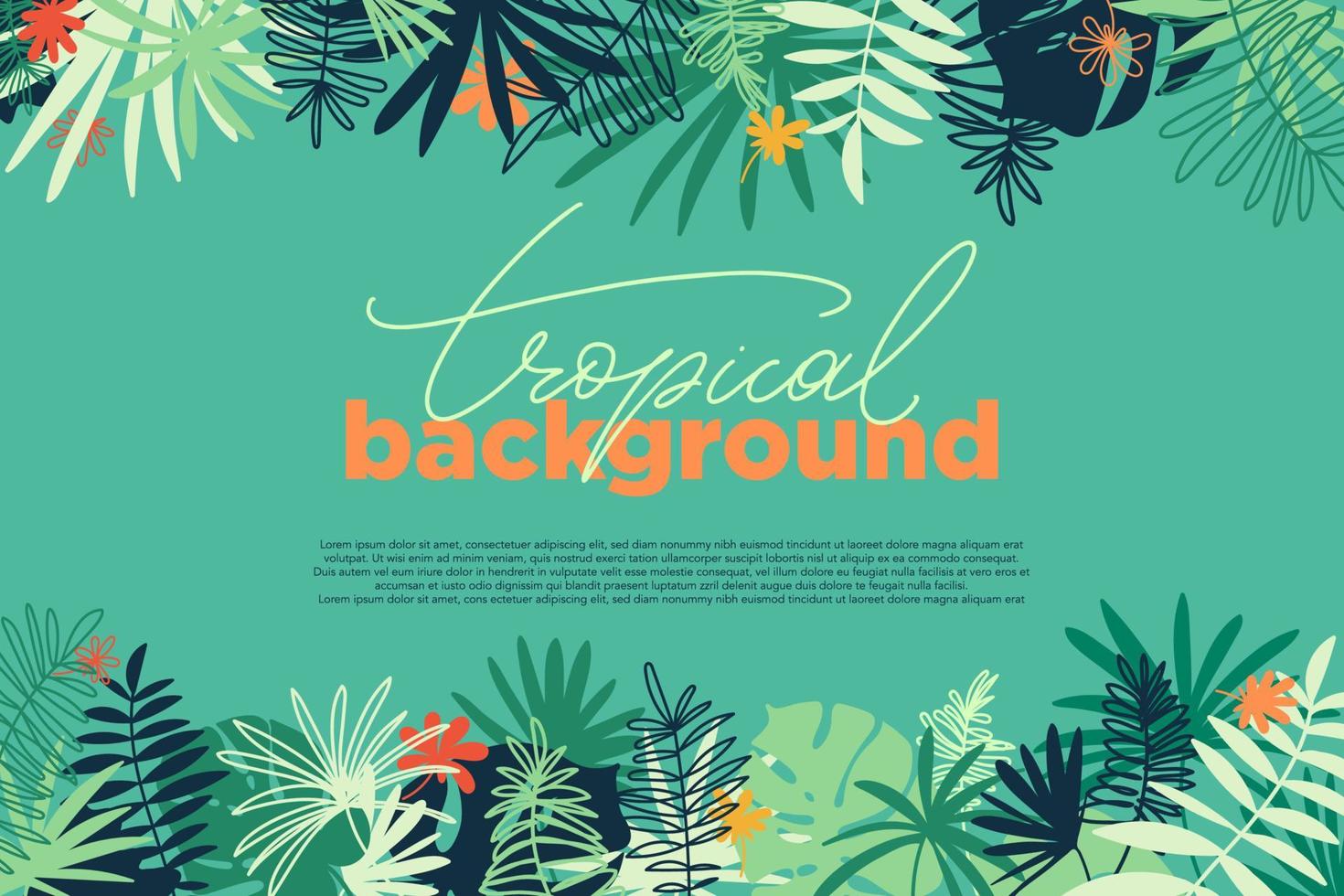 banner horizontal tropical vectorial con espacio de copia. fondo floral con varias hojas de palma. telón de fondo de verano de la selva. vector