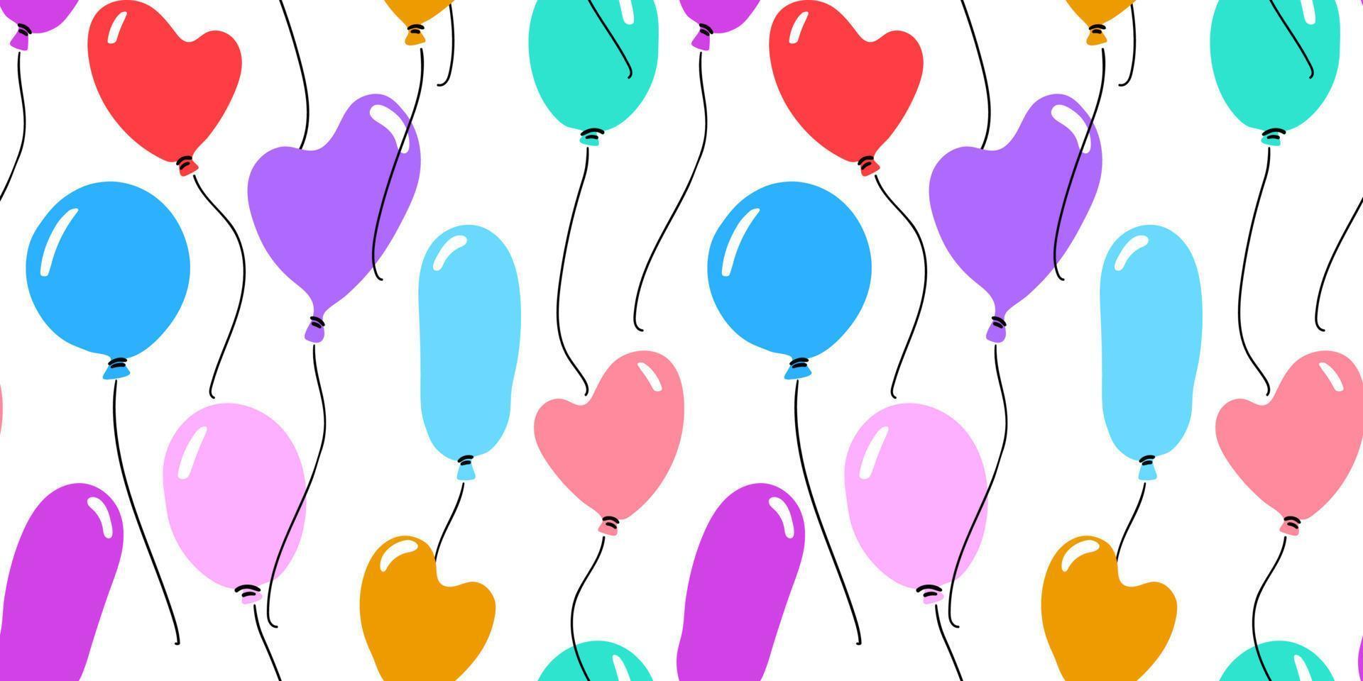 Cartoon balloons seamless pattern. Vector hand drawn illustration. Heart shape flying baloons background.