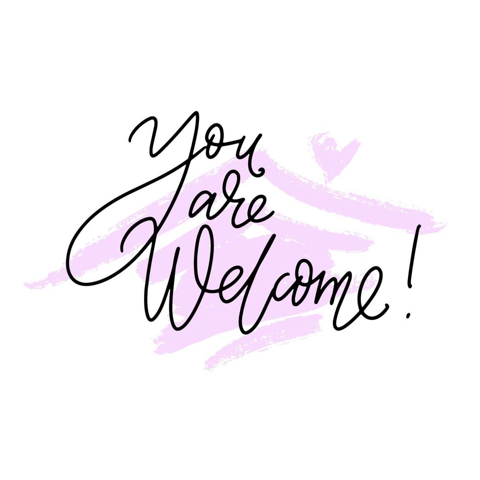 You are welcome hand written thin script words on hand drawn house background. Modern lettering for cards, stickers, posters and prints. vector